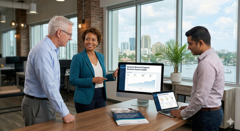 A team of business professionals and a tech expert in a Fort Lauderdale office reviewing IT solutions from Dynamic Network Support with the city skyline in the background.